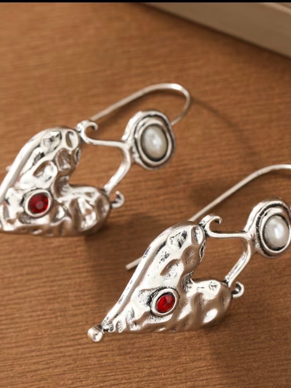 Silver Heart Dangle Earrings with Red and Pearl Accents